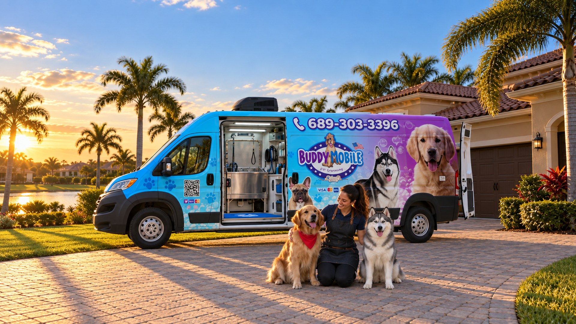 Una van de Buddy Mobile estacionada en la entrada de una casa en Orlando mientras una peluquera cepilla a un golden retriever y a un husky